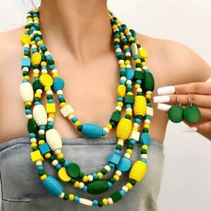 NEW Handmade Boho Natural Wood Layered Ocean theme Festival Necklace Earrings